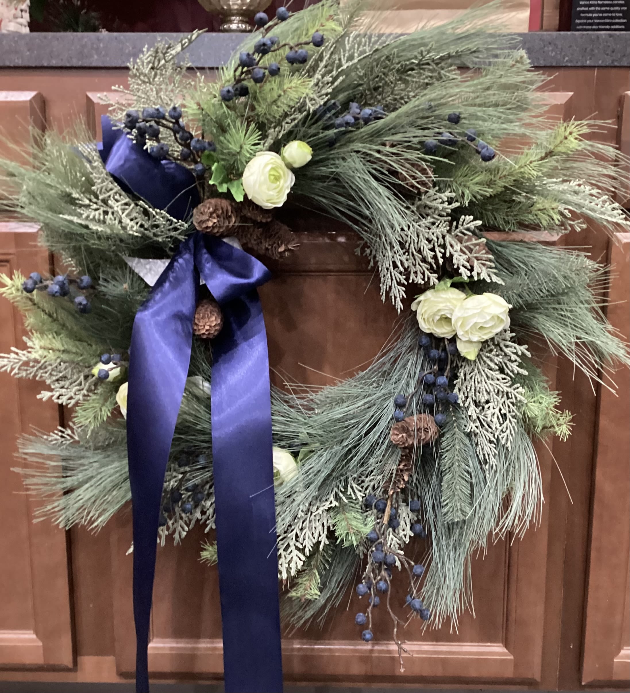 Permanent Royal Blueberry Wreath ON SALE - A permanent wreath with royal blue ribbon and blueberries