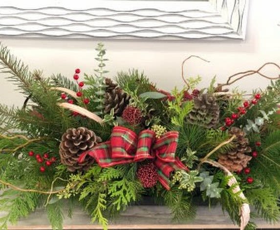 Evergreen #2  - An all green centerpiece made with fir, pine, and cedar, rustic branches, bows, berries and more.