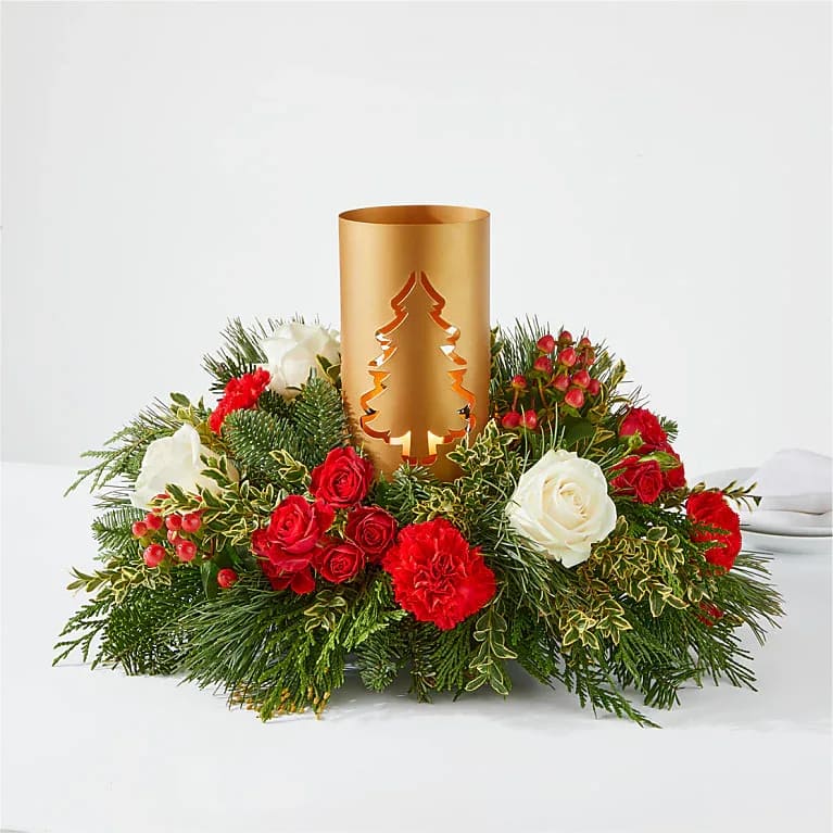 DECEMBER DREAMS CENTERPIECE - DECEMBER DREAMS CENTERPIECE  Tis the season for gathering with family and friends, made all the sweeter with a stunning and scented centerpiece at the heart of the table. DETAILS  The Premium Centerpiece is approximately 12"H x 18"W. Designed by florists, ready to display. For long–lasting blooms, add water daily. Pet Safety Precautions: This bouquet or plant may include flowers and foliage that are known to be toxic to pets. To keep them safe, be sure to keep this arrangement out of your pet's reach. BLOOM DETAILS  Carnation Rose Christmas Greens Hypericum Berry   Pet Safety Precautions: This bouquet or plant may include flowers and foliage that are known to be toxic to pets. To keep them safe, be sure to keep this arrangement out of your pet's reach. 