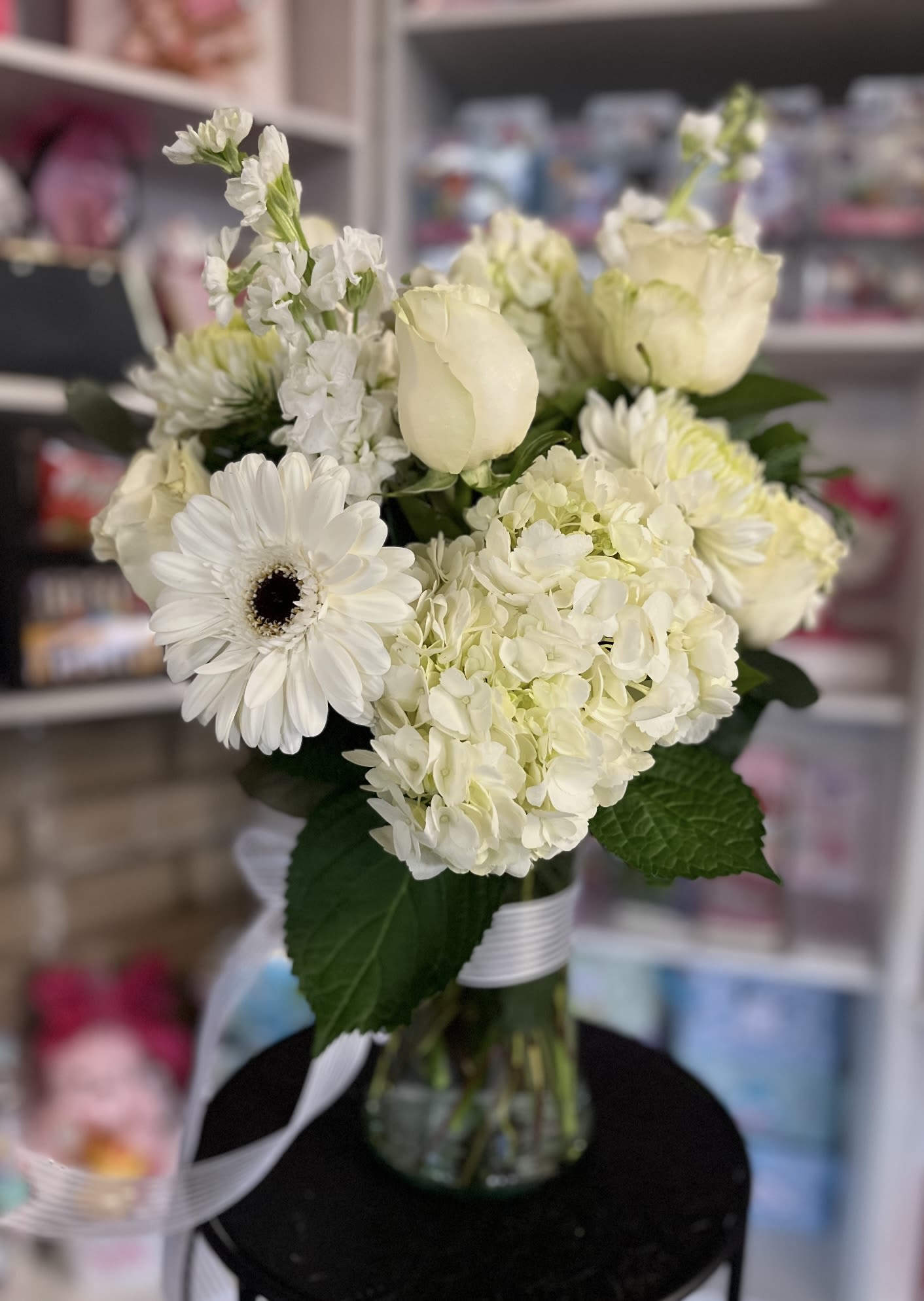 Sympathy White Floral  - fresh white flowers in glass vase 