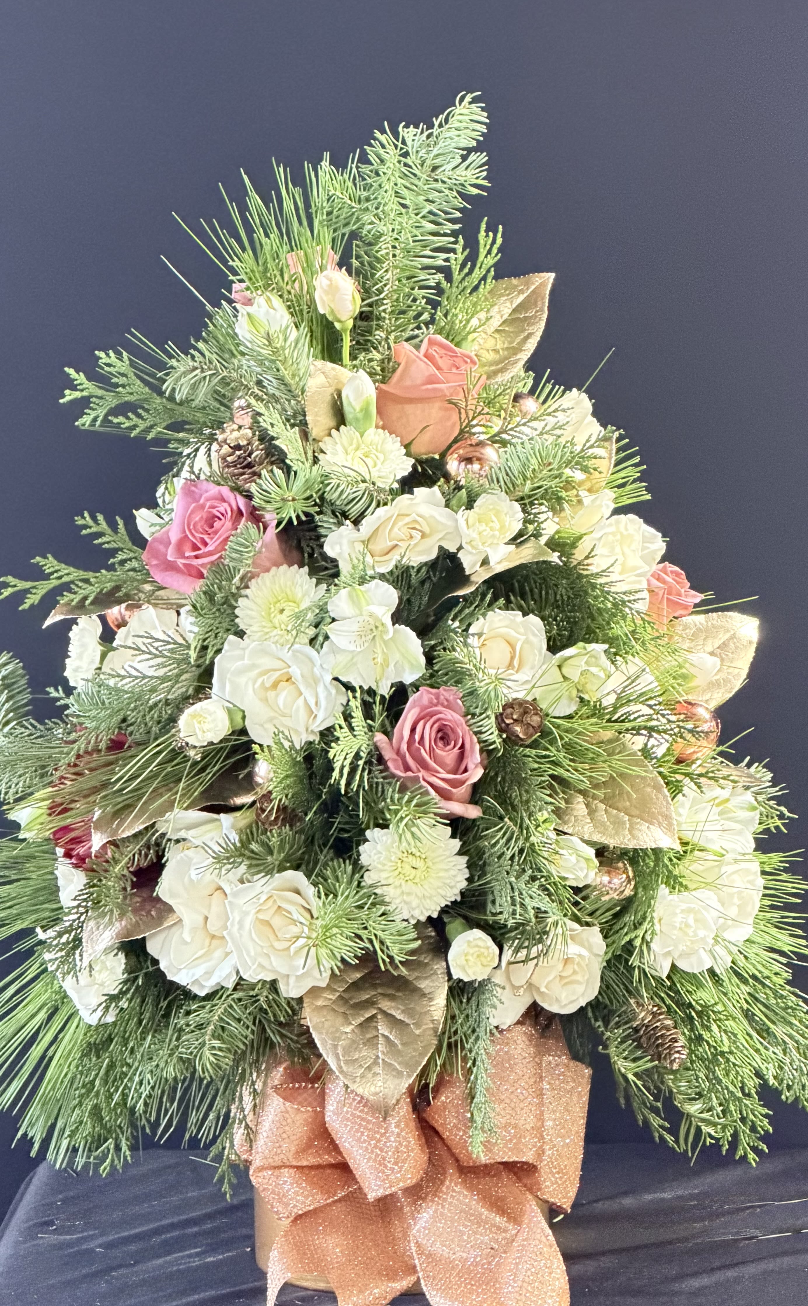 Rose Gold Christmas Tree Arrangement  - White, rose gold, gold, glittering tree.  