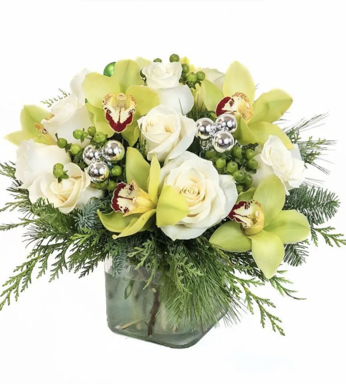 Silver Bells Arrangement  - Green orchids white roses with silver accents and premium Christmas greenery