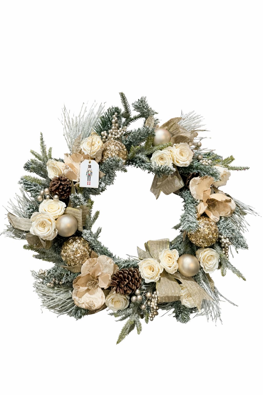 Golden Eternal Rose Christmas Wreath - Golden Eternal Rose Christmas Wreath is an elegant holiday wreath crafted with real preserved (eternal) roses that maintain their beauty for months and even years without water or maintenance.  Designed in a refined palette of white, champagne, and gold, this wreath features eternal roses, frosted pine branches, pinecones, and luxurious gold ornaments — creating a timeless and sophisticated winter statement.  Perfect for front doors, fireplaces, entryways, and upscale interiors, this wreath combines long-lasting florals with festive elegance, making it a standout piece for the holiday season and beyond.   Made with real preserved roses  Long-lasting, no maintenance required  Reusable luxury holiday décor 