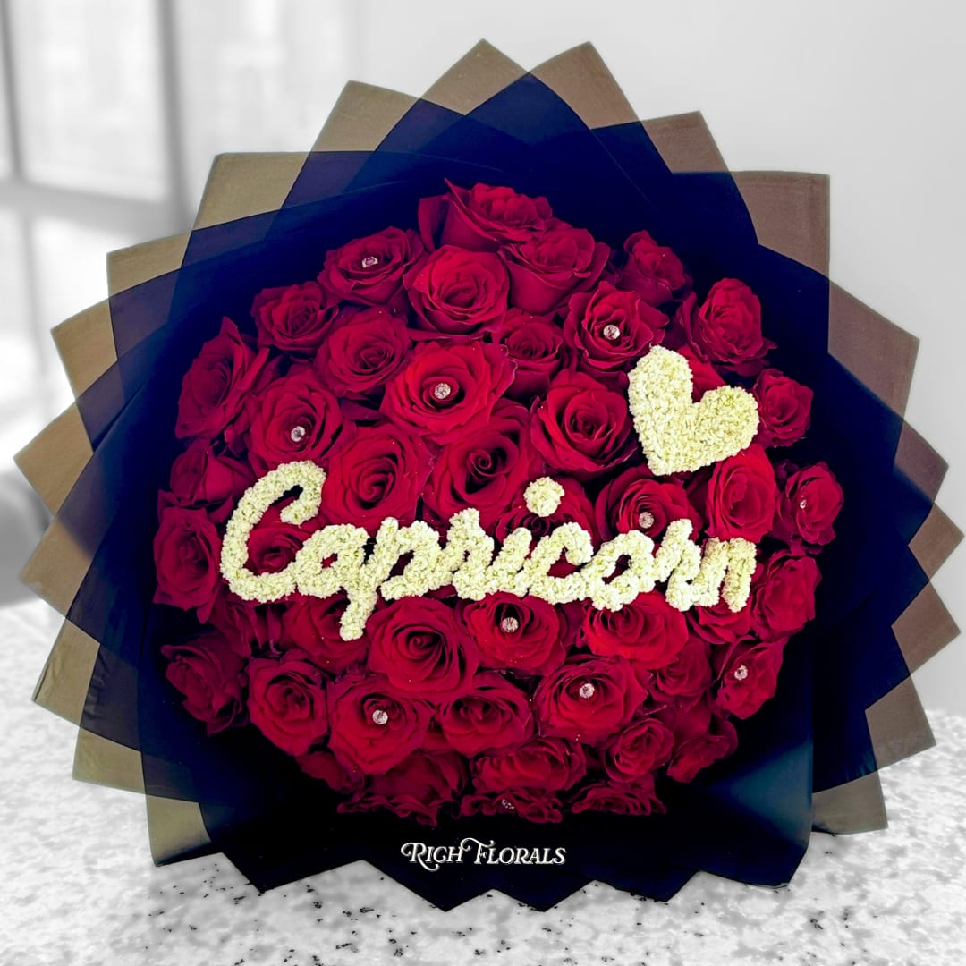 Capricorn Zodiac Bouquet - Please leave rose color and wrapping paper request in the comment section at checkout, otherwise red roses will be the default color. 