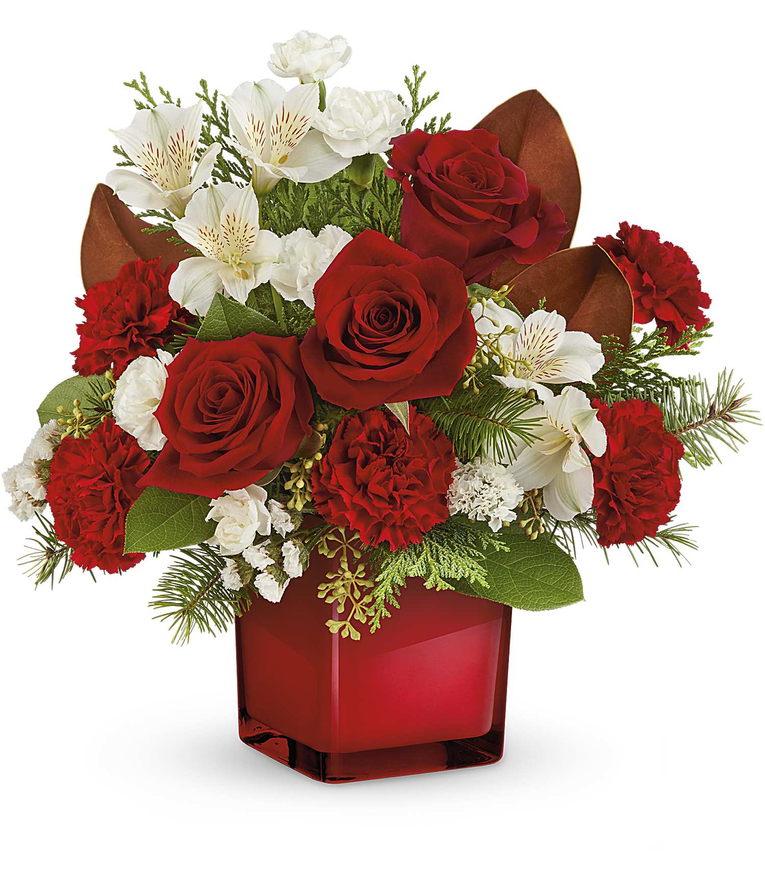 Scarlet Splendor On Sale - Elevate their holiday spirits with this timeless Christmas carnations bouquet in a red glass cube. These festive flowers are sure to bring the joy of the season to every corner of your home! Cube shapes may vary.  