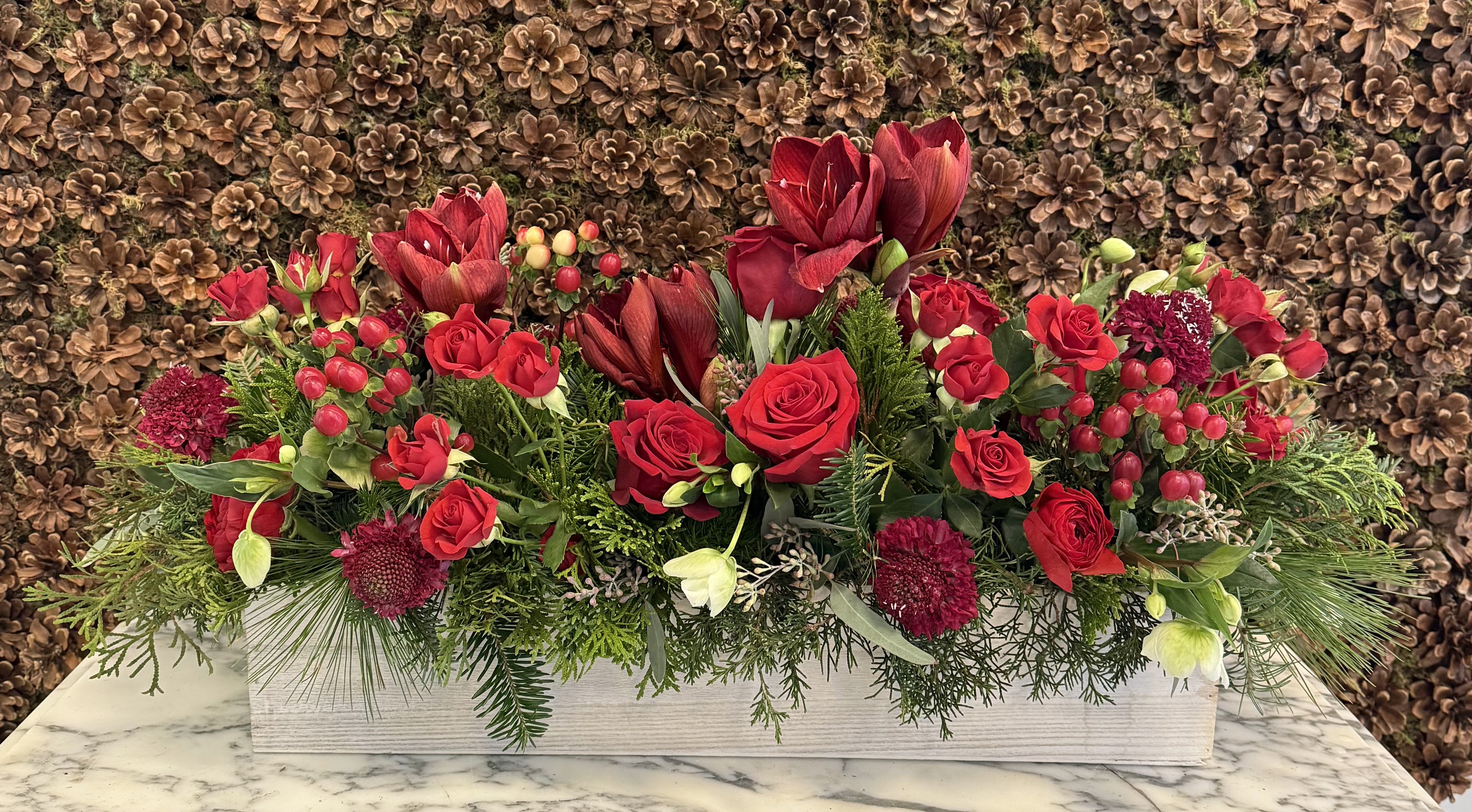 Christmas Carol - Amaryllis, roses, scabiosa, hellebores and berries with evergreens.
