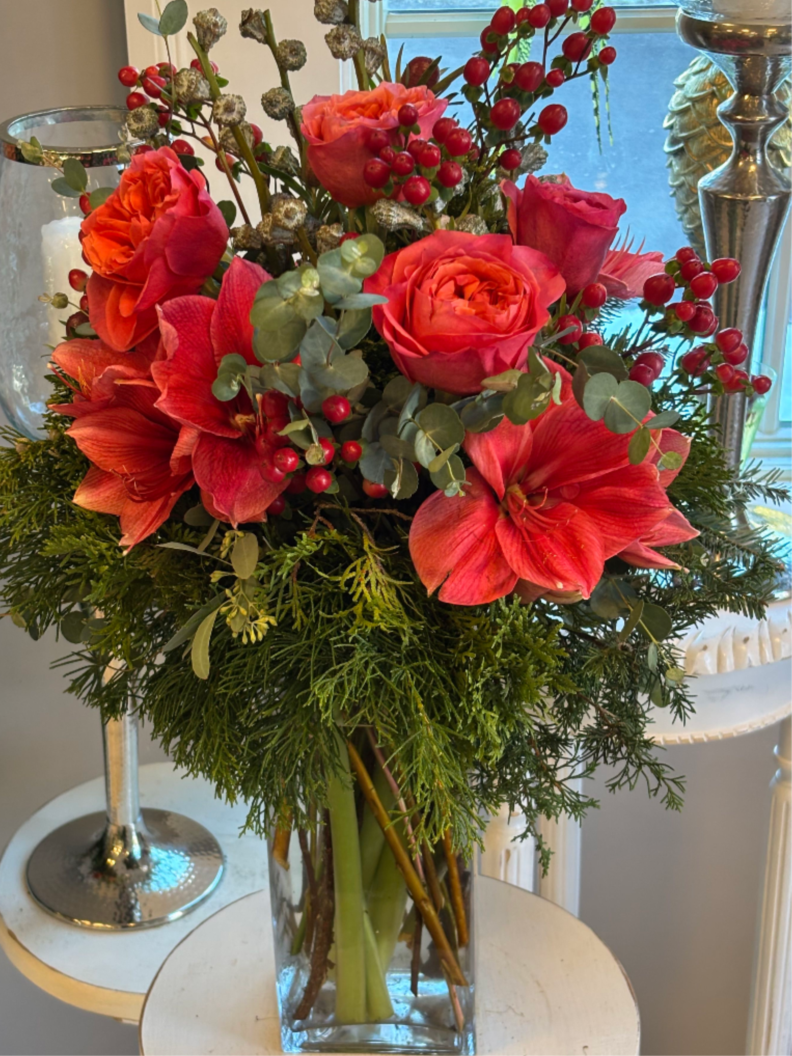 Holiday Statement - Amaryllis, roses, berries with evergreens