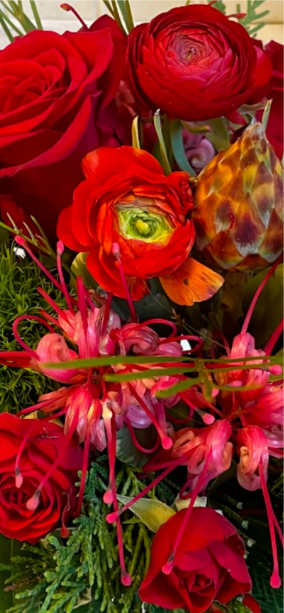 Christmas bliss - Roses, ranunculus, protea with evergreens