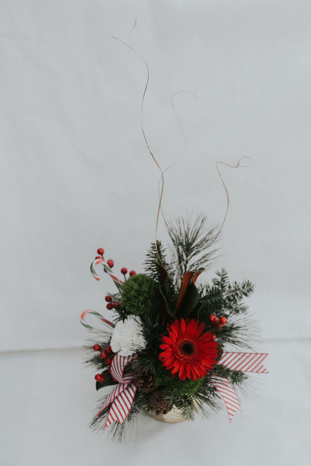 Candy Cane Kisses - A cheerful Christmas arrangement filled with  red and white flowers and fresh winter greenery