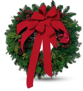 Fresh Evergreen Wreath with Red Velvet Bow  - This classic winter wreath will greet holiday visitors with the warmest of wishes. Just the right touch.  A 22" evergreen wreath arrives decorated with  pinecones, and is tied with red velvet ribbon.  Approximately 22" D  