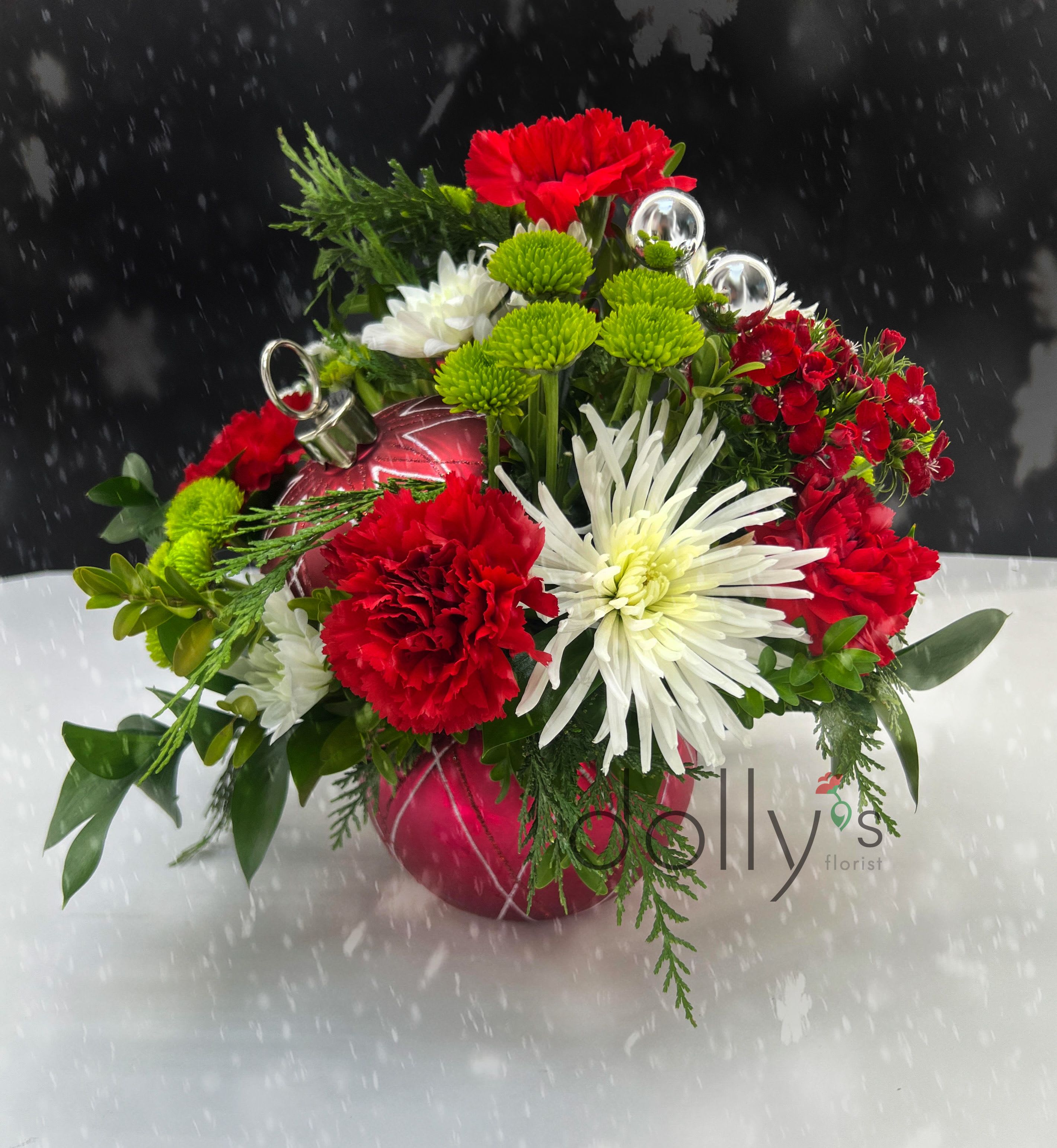 SOLD OUT | Dolly's Exclusive | Ornament Bouquet - Our Dolly's exclusive holiday bouquet, all housed within an enchanting red tree ornament.