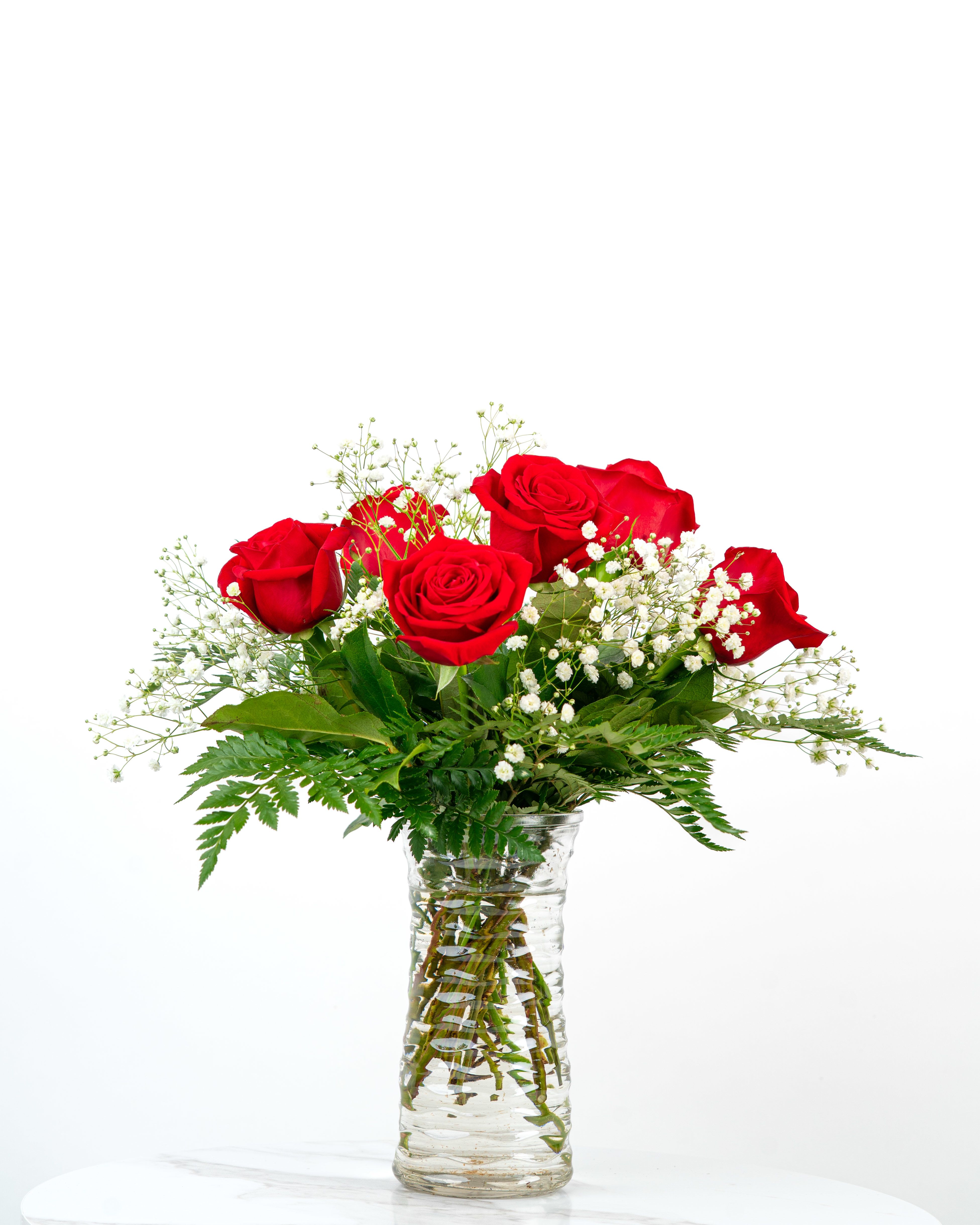 Our Rose Collection: Red Roses Arrangement - Looking for a classic and bold arrangement of red roses to celebrate someone special? Let us express your cherished love and appreciation with a half dozen (standard), dozen (deluxe), or two dozen (premium) red roses from our Rose Collection.   At Schultz Floral, each arrangement is one of a kind and styled just for your order here in Valparaiso. Because we always use the freshest blooms, your final rose arrangement may not look exactly as pictured due to rose variations and availability. Know that we've gone to great lengths so that our website includes real photography of real blooms within our shop.
