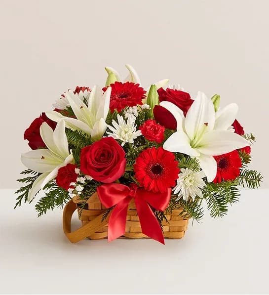 Fields Of Europe  Christmas Basket - Spread holiday cheer with our inviting basket of blooms. Capturing the natural beauty of the European countryside, this freshly gathered arrangement is designed in signature Christmas colors. It’s a joyful surprise for family and friends and a charming centerpiece for a season of celebrating. 