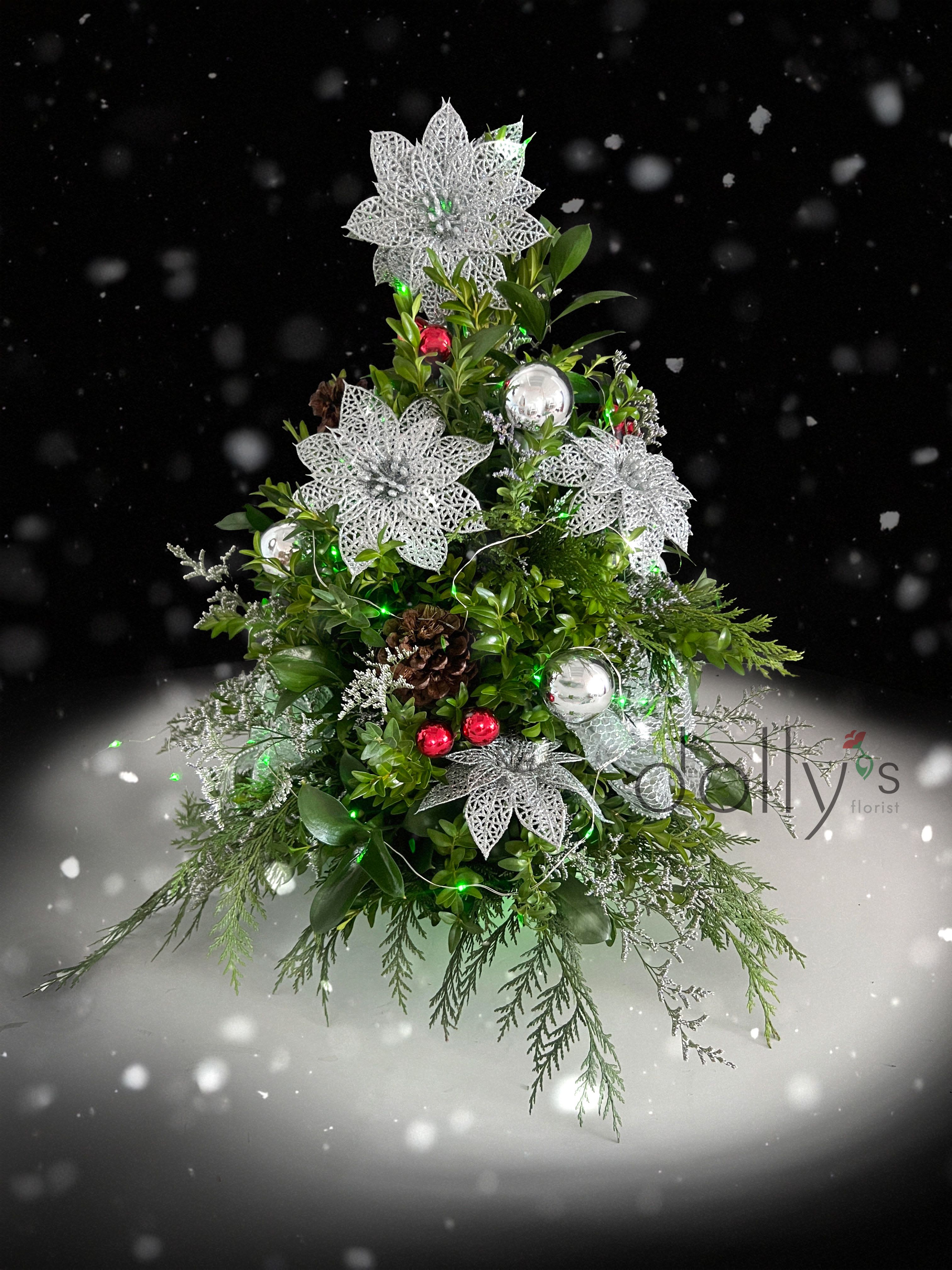 SOLD OUT | Boxwood Tree Silver | Grand - Between 18" - 20" (46cm - 51cm) Decorations will be refreshed and varied throughout the season.