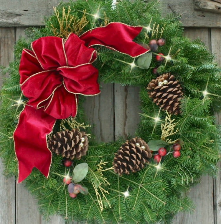Winter wreath - Holiday evergreen wreath trimmed with pine cones, lights, and red accents-Customize*