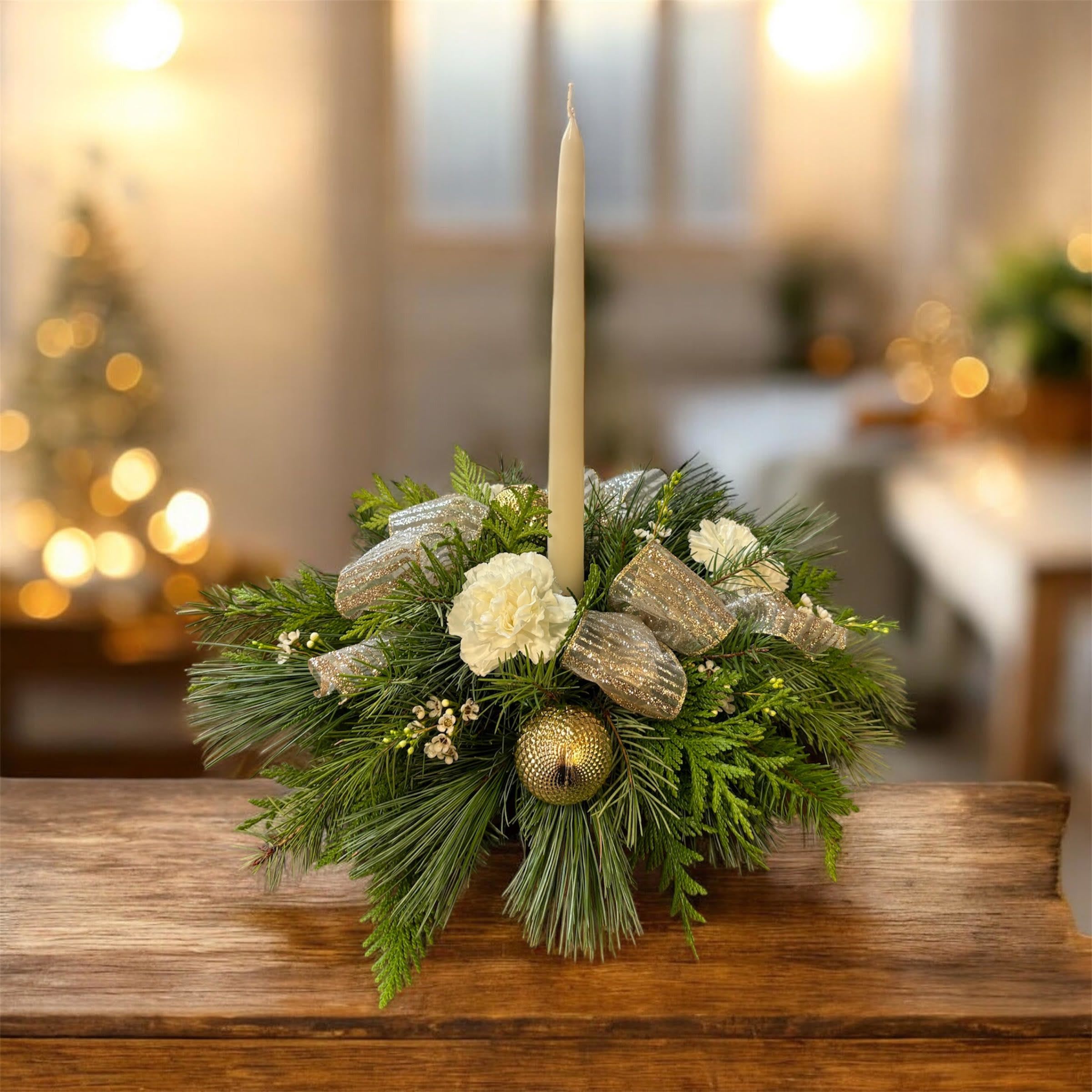 Single Candle Table Center - Beautiful table center in golds and whites.
