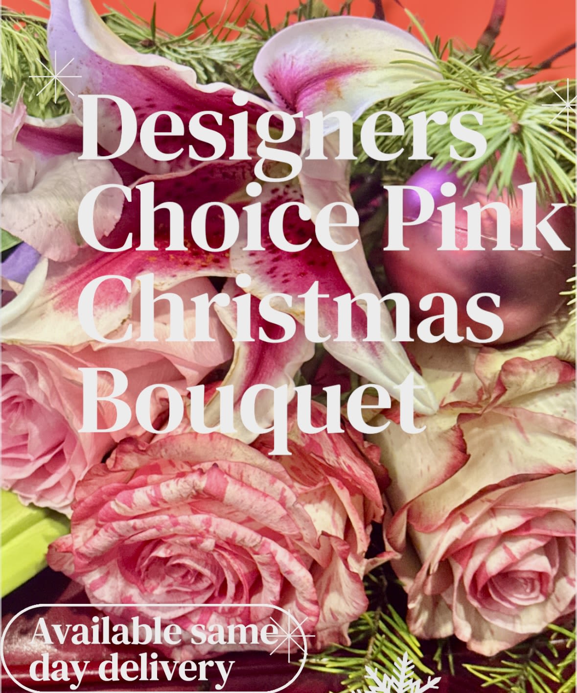   Pink Christmas DESIGNER'S CHOICE Stargazer Lily  Roses Bouquet - This festive  Jolly Holiday PINK-me-up" arrangement is perfect for brightening up any space and making everyone smile this holiday season. It's a stylish and elegant bouquet, made just for pink lovers, with sweet-smelling stargazer lilies and cool pink zebra stripe roses, acented with holiday greens aranged  all in a pretty clear glass vase. It's the perfect gift to show someone you care this holiday!