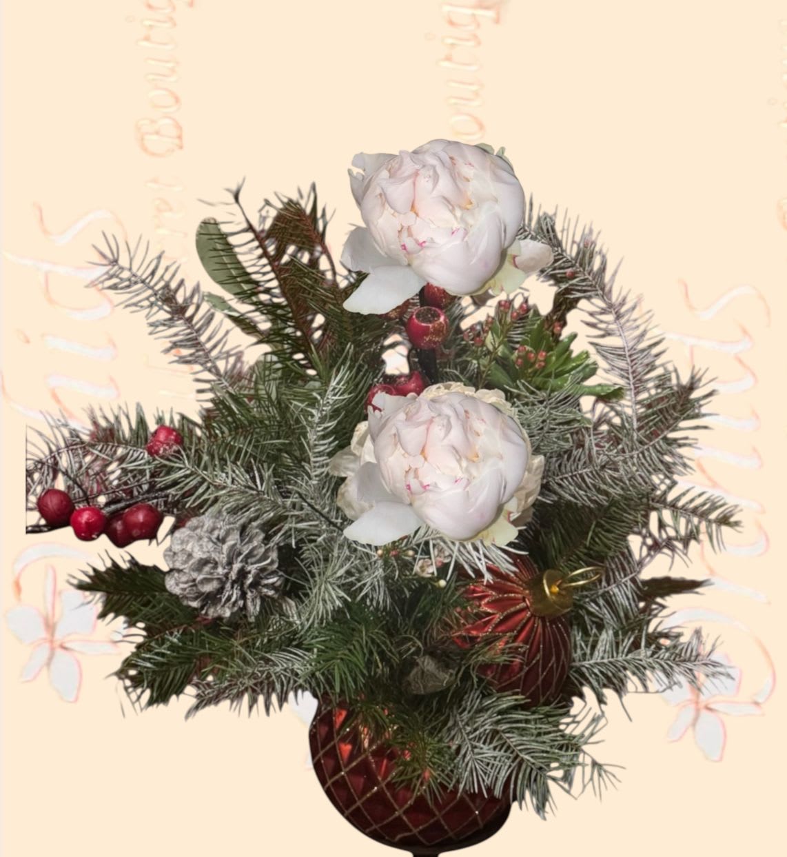 Light Pink Peonies  Red Gold Ornament Vase  - Send light pink peonies, snow pine cones, red blooms, and holiday greens. To add a touch of snowy glamour to an office or home.  Artistically designed in  Red gold glittery ornament keepsake container.
