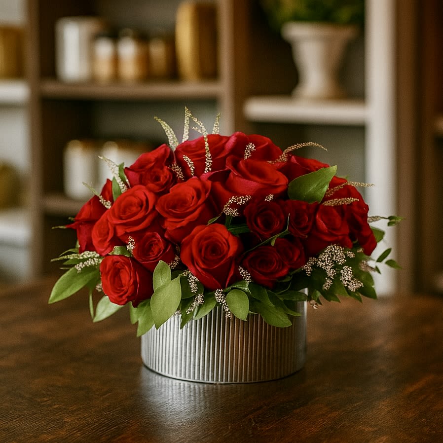 Vintage Melrose by My Blooming Business - Vintage Melrose by My Blooming Business is a timeless floral arrangement inspired by the charm of old Hollywood and the eclectic flair of Melrose Avenue. Designed in a vintage-style zinc container, this lush arrangement overflows with rich red roses, soft filler blooms, and fresh greenery—creating a romantic and classic silhouette.  Perfect for anniversaries, love notes, or adding a bold touch to your space, Vintage Melrose captures the spirit of Los Angeles with every bloom. Handcrafted in Eagle Rock, we offer same-day flower delivery across Los Angeles, including the San Fernando Valley and San Gabriel Valley.  Top rated florist on Yelp, Google, BloomNation, and Floom.