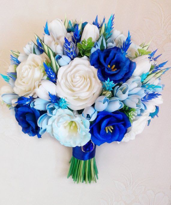 Ocean Breeze - white roses, blue tulips, and green eucalyptus