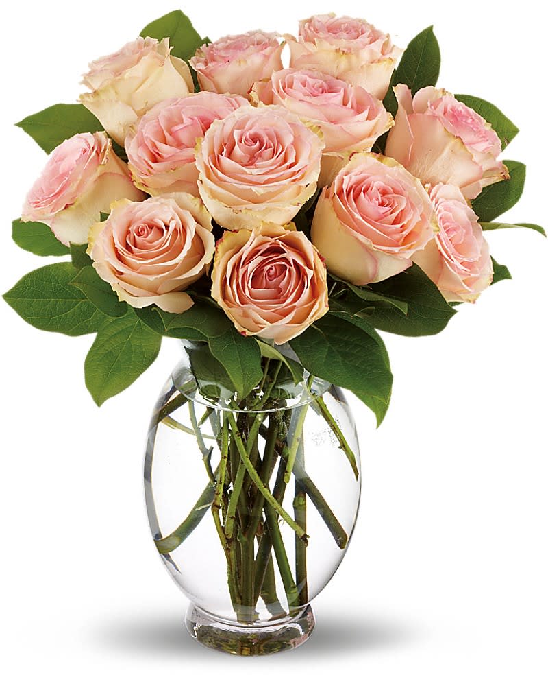 Delicate Dozen - Long Stemmed Sweet Pink Roses - As soft and delicate as the first blush of love, this rose bouquet carries a lot of romance. Gorgeous sweet pink roses arranged in a clear glass vase sends such a beautiful message of love, it just might leave you and your love blushing.