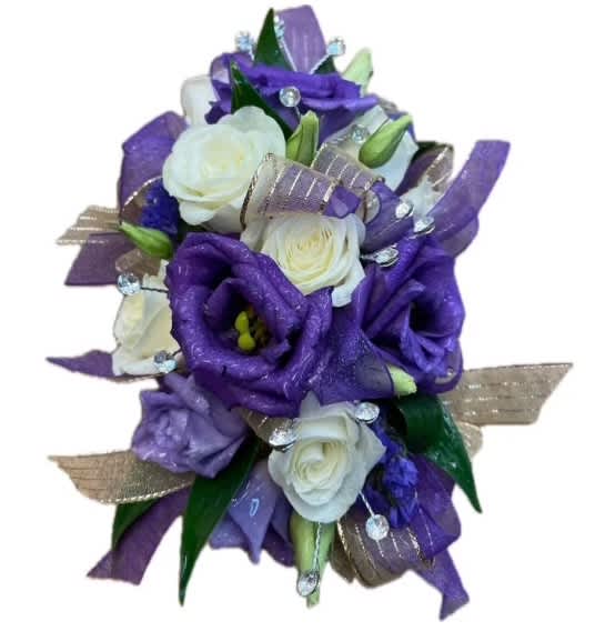 Golden Violet Corsage - Lisianthus, White Spray Roses, Rhinestones, Purple Sparkle Ribbon, Gold Sparkle Ribbon  **To receive delivery for corsages or boutonnieres, please note that it is only available with additional items ordered to meet a minimum order total of $75.**