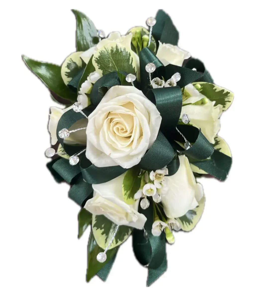 Emerald Enchantment Corsage - White Spray Roses, Variegated Pittosporum, Lily of the valley, Emerald Green Ribbon, Rhinestones