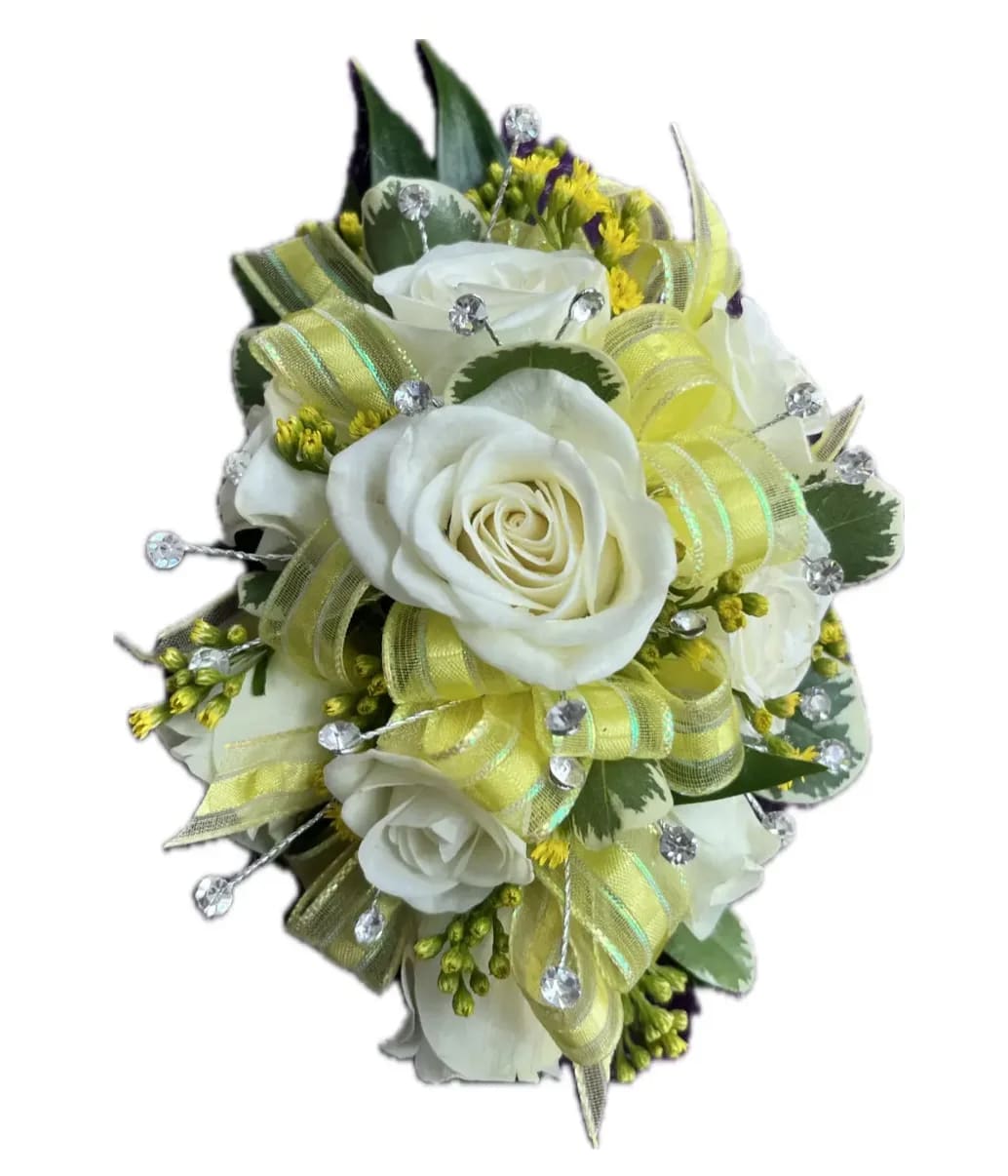 Yellow Glow Corsage - White Spray Roses, Solid Aster, Variegated Pittosporum, Yellow Iridescent Ribbon, Rhinestones