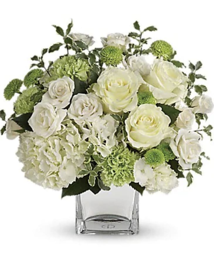Shining On Bouquet - Let your love shine! No matter the recipient or the occasion, this stunning monochromatic mix of hydrangea and roses, hand-delivered in a shimmering silver cube, is destined to delight and inspire. This bouquet of blooms includes white hydrangea, white roses, white spray roses, green carnations, green button spray chrysanthemums and pitta negra. Delivered in a 4x4" silver mirrored cube vase - arrangement measures approx. 11.5x11" for Standard size, 12.5x12" for Deluxe, and 13x13.5" for Premium.