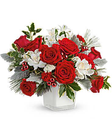 WHITE ELEGANT BOUQUET - A beautiful combination of white and red flowers with elegant foliage.