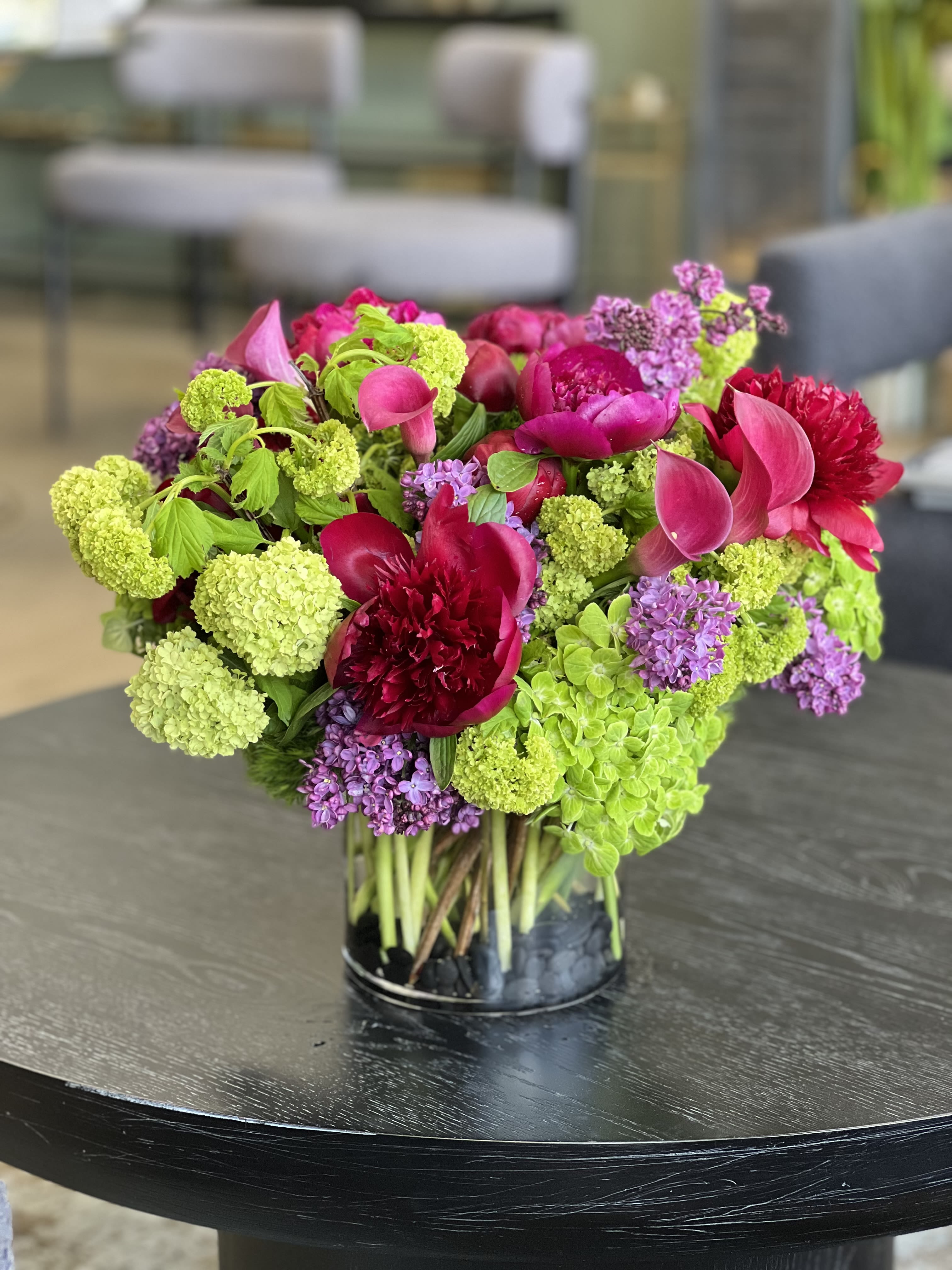 Forever &amp; A Day - A bold, colorful mix of green Hydrangea, soft Lilac, Calla Lilies, and burgundy Peonies