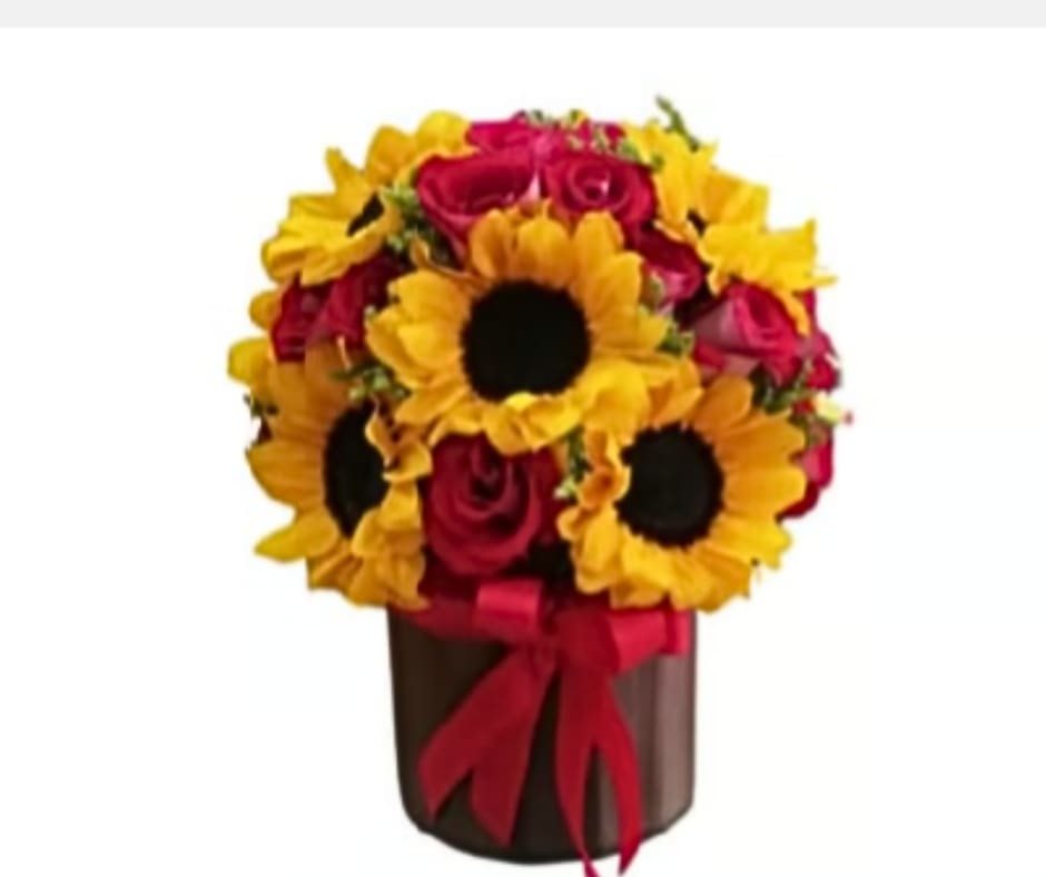 Gorgeous Sunflower - Beautiful arrangement of fresh roses and sunflowers in a cardboard base, perfect for expressing love and joy for any special occasion.