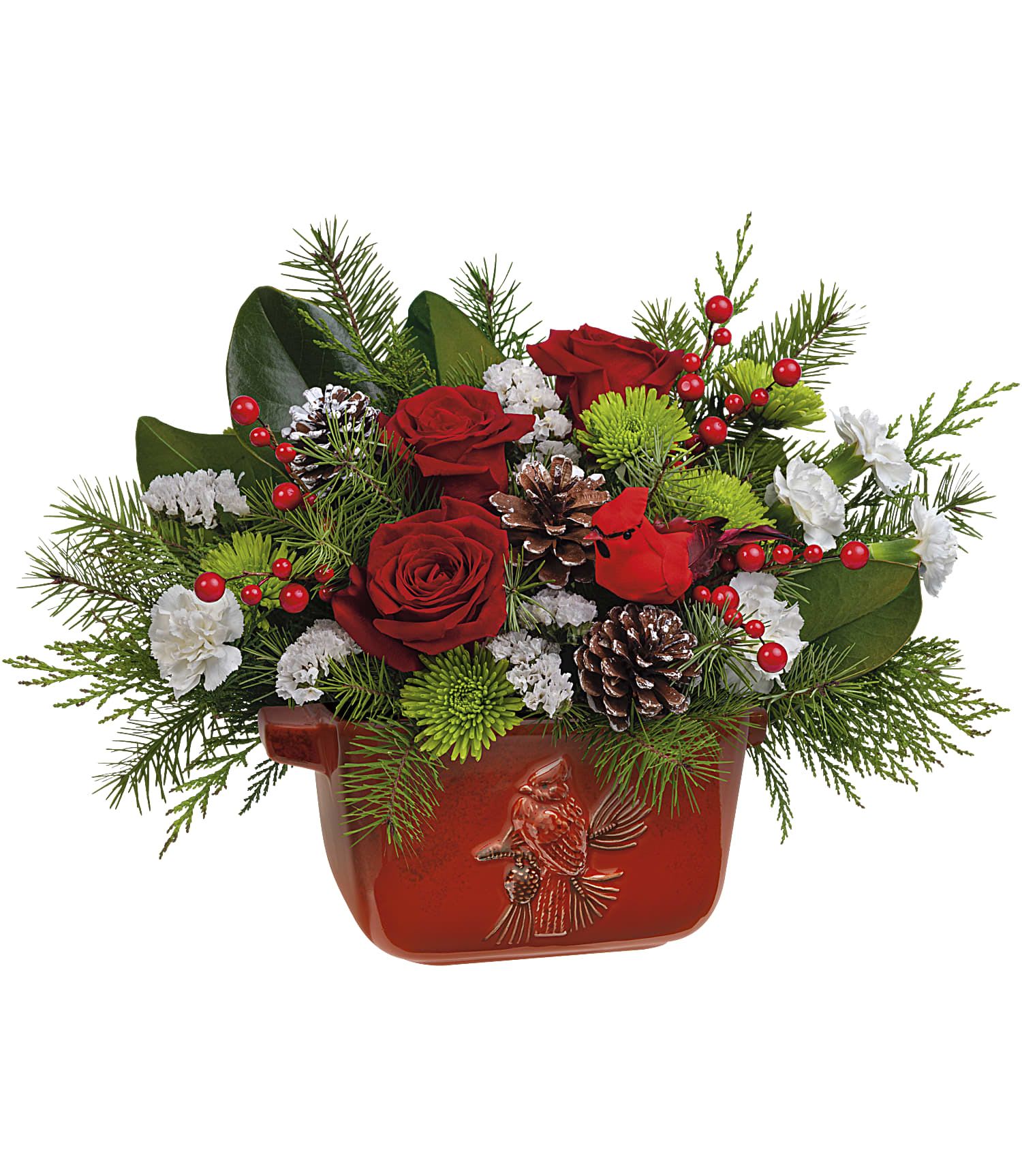 Classic Cardinal Centerpiece Bouquet - Full of nostalgia, this hand-painted, food-safe stoneware bowl with classic cardinal motif is the perfect thing for serving up a bouquet of Christmas blooms. This bouquet includes red roses, miniature white carnations, green cushion spray chrysanthemums, white sinuata statice, cedar, magnolia leaves and douglas fir. Delivered in a Classic Cardinal Bowl.   Due to the nature of perishable products, some floral products may require minor substitutions. We'll contact you if drastic substitutions are required. Orientation : All-Around  All prices in USD ($)  Standard - T23X100A Deluxe - T23X100B Premium - T23X100C