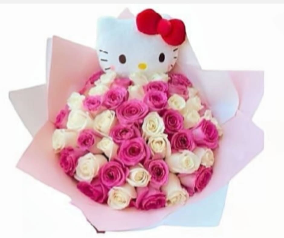 Lovely Kitty - Beautiful bouquet of pink and white roses accompanied by an adorable Hello Kitty plush, perfect for expressing love and sweetness for any special occasion.