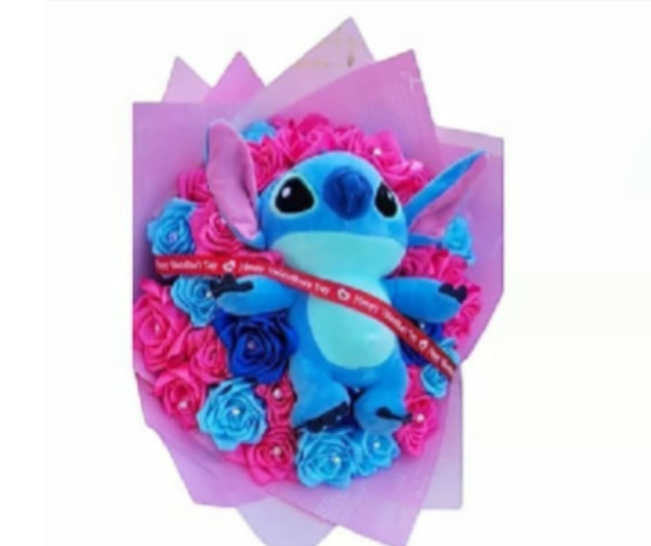 My Valentine Stitch - Beautiful bouquet with pink and blue roses accompanied by an adorable Stitch plush, perfect for expressing love and sweetness for any special occasion.