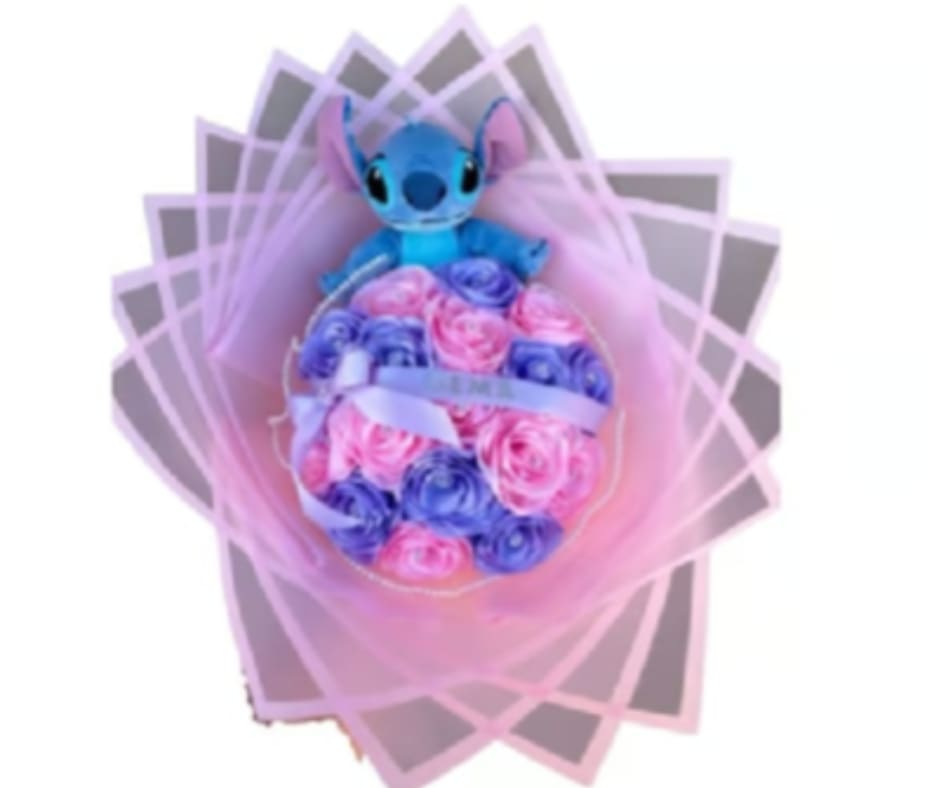 Kid Stitch - Beautiful bouquet with pink and purple roses accompanied by an adorable Stitch plush, perfect for expressing love and sweetness for any special occasion.