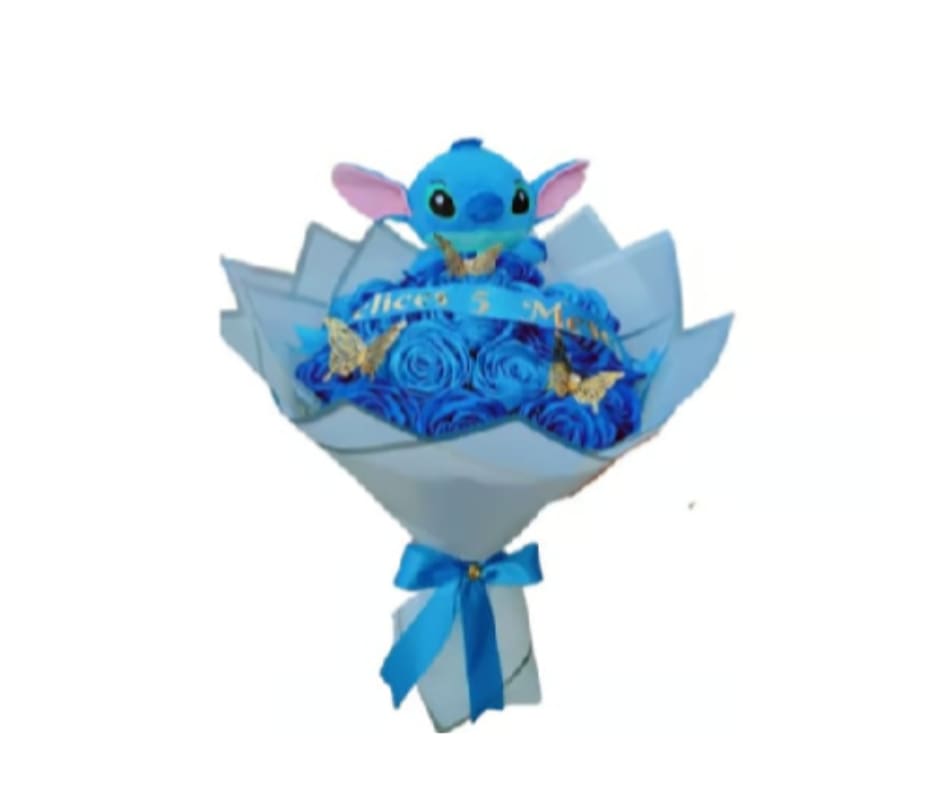 Honey Stitch - Beautiful bouquet of blue roses accompanied by an adorable Stitch plush, perfect for expressing love and sweetness for any special occasion.