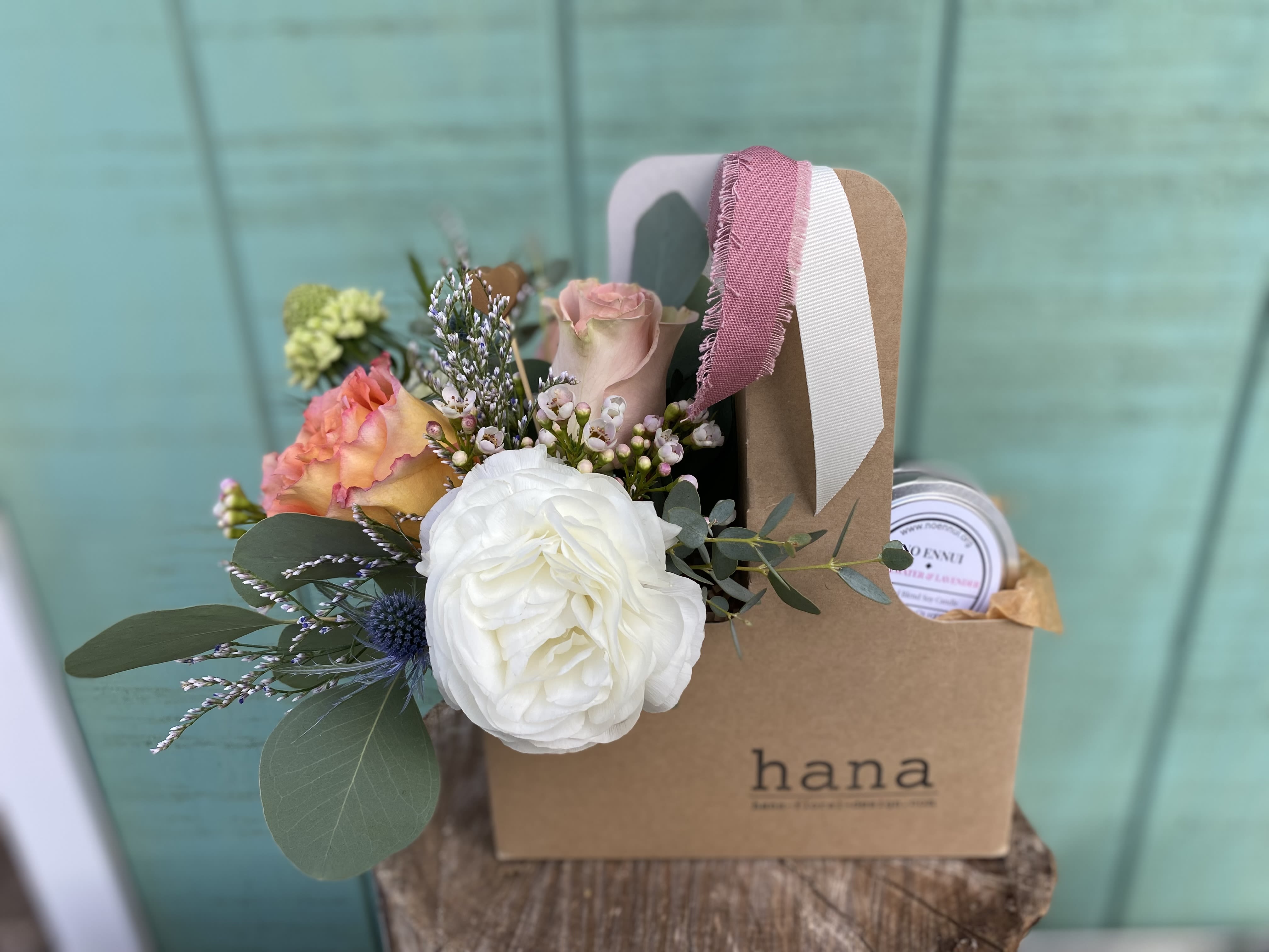 Gift Set ( Flower arrangement + Candle) in a carrier  - Flower arrangement and a candle set is a perfect gift for any occasion! Flower arrangement - Designer's choice Rosewater &amp; Lavender Soy Candle