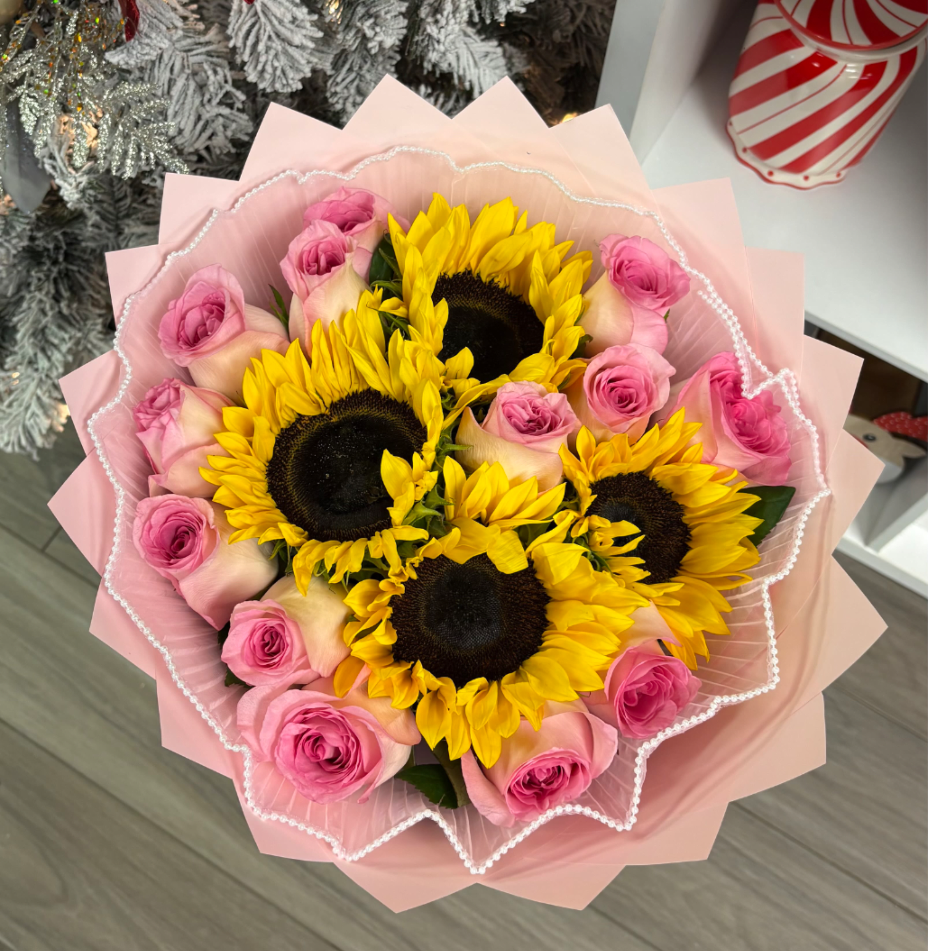 Pink sunflowers  - 4 sunflowers paired with a full dozen of pink roses 