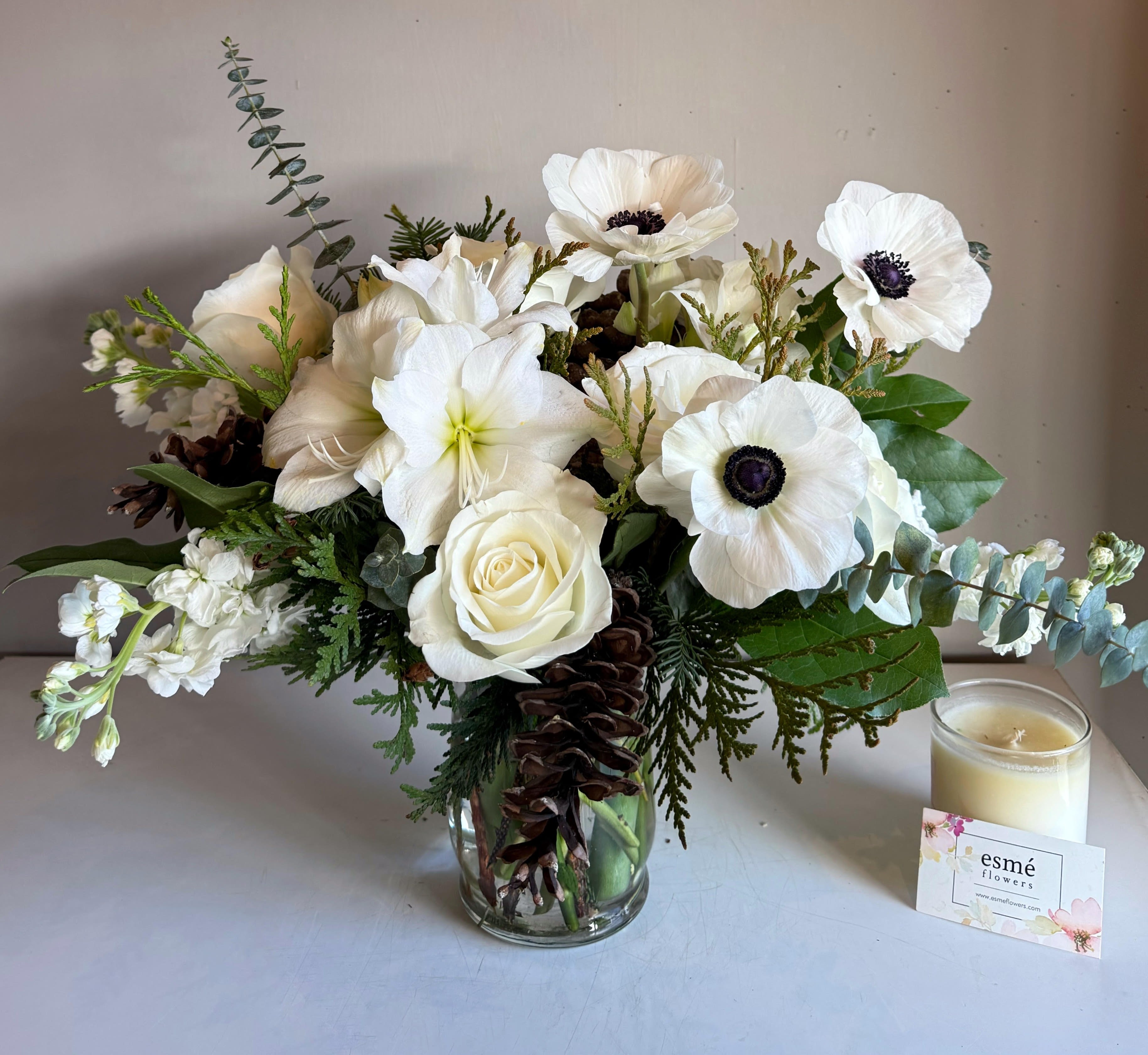 Winter Anemone - A gathering of pure whites, featuring Amaryllis and Italian Mistral Anemones. A distinctive arrangement that's sure to stand out!
