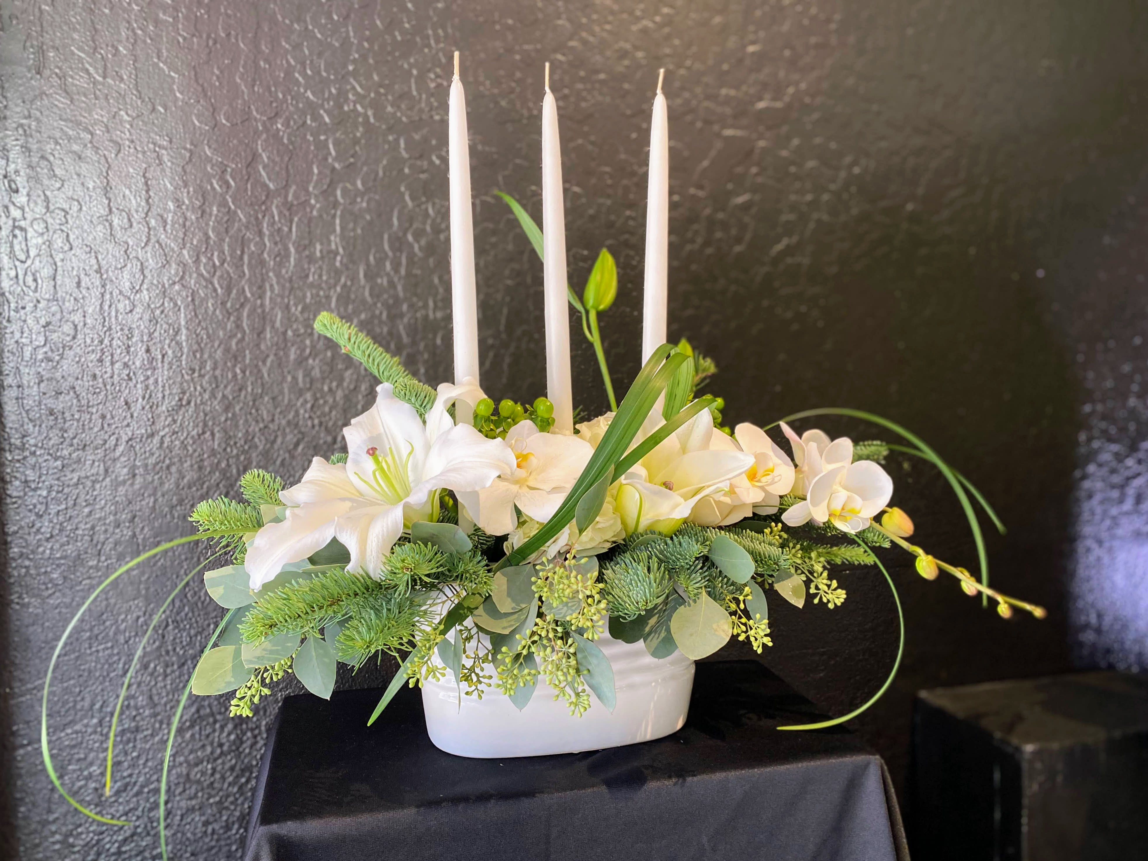 White as Snow - Classic and stylish centerpiece design.  All white in long and low container.