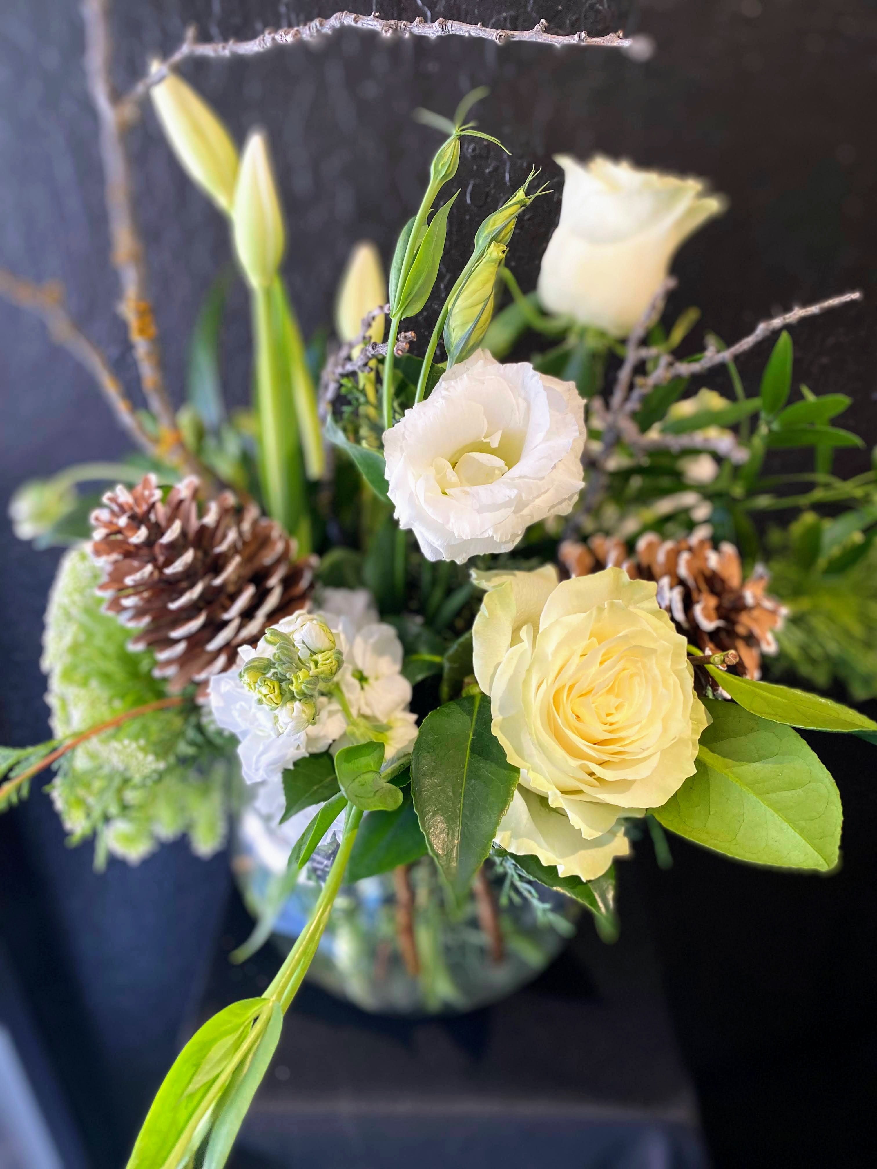 Winter Path - Our designers create a loose and free design to compliment the unique shapes of locally harvested lichen branches and pine cones.  Designed inside container approximately 5x5".  Color options are available.