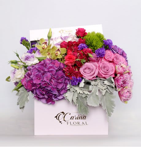 Signature Box 2 - Composed of Hydrangeous, Orchids, Roses, Lisianthus, Tulips.