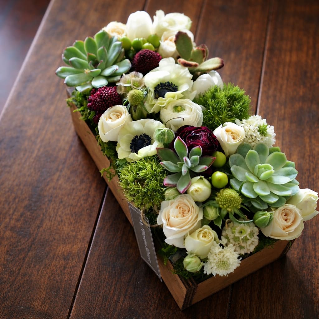 Creams &amp; Greens - Welcome to Creams and Greens - the perfect way to say I Love You this season. This beautiful artisan floral box, filled with sumptuous cream and green florals and succulents, looks exquisite on any surface. You can show your family and friends just how much you care with this unique and modern surprise.   Standard box: 10"X4"X3" Deluxe box: 12"X4"X3"