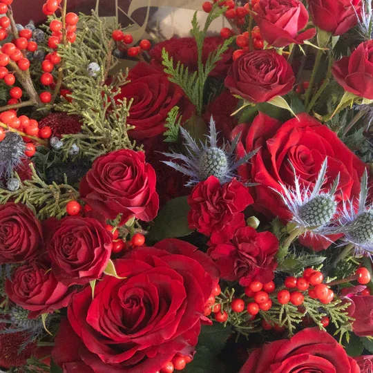 Seasonal Red’s DESIGNER’S CHOICE - A lush, dramatic seasonal arrangement designed in rich crimson tones. Created with a premium selection of red blooms such as roses, spray roses, mums, thistle, winter berries, and seasonal greenery. No two arrangements are the same—each one is crafted in the Studio C Florals signature style with depth, texture, and movement.  Perfect for seasonal gifting, holiday dinners, celebrations, or anyone who loves bold, luxurious florals.  Design varies based on the freshest flowers available.