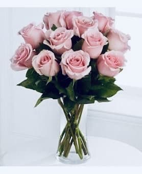 Mommie Dearest - 1 dozen pink roses in a glass vase with a greenery  ( can be white, orange, yellow or purple)  