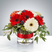 Pop Art by BloomNation™ - A work of art that stands out, alternating gerbera daisies and a smart red ribbon make this arrangement POP. A perfect gift for any season and any time.  Approximate Dimensions: 12"D x 8"H