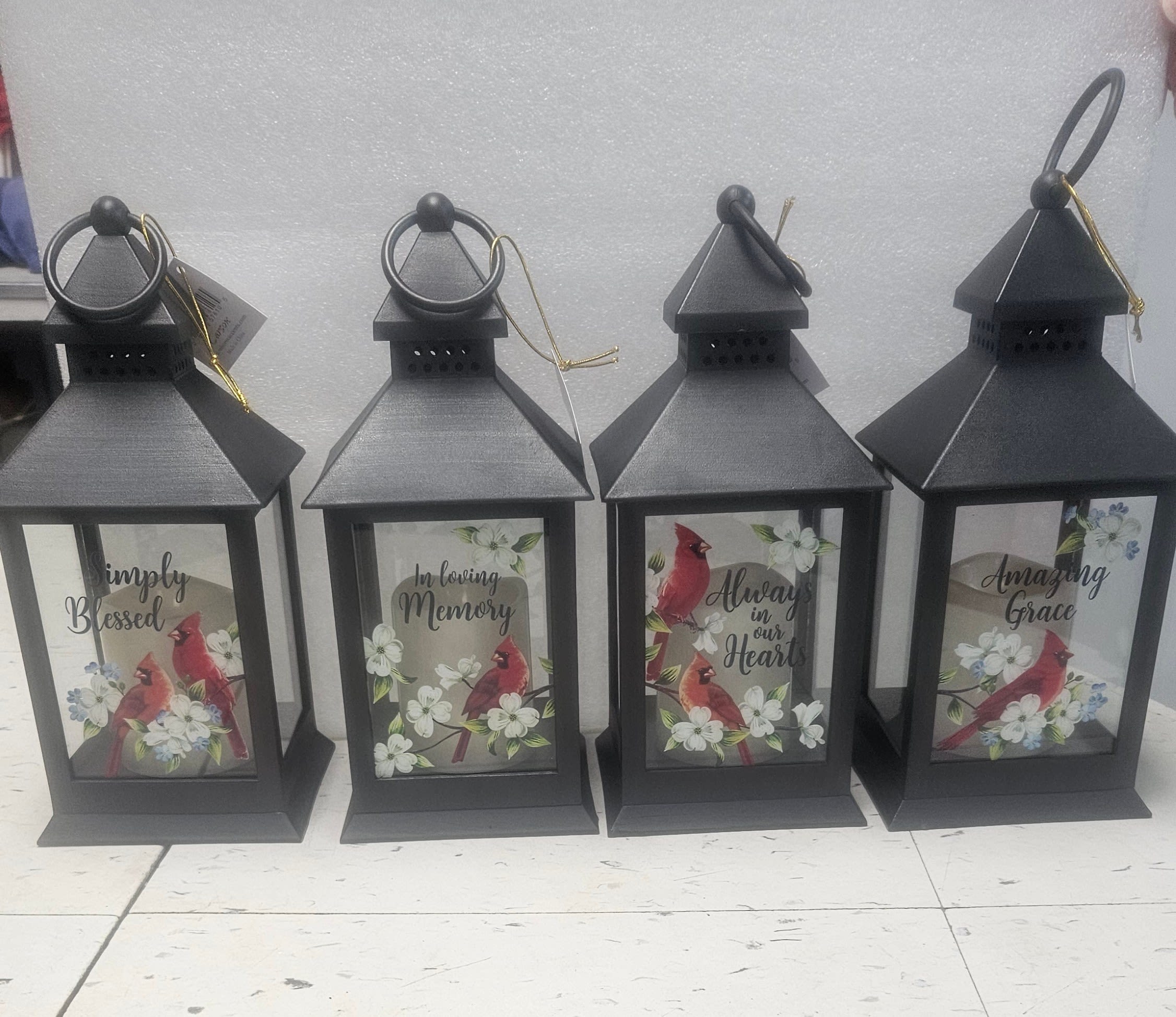 Flameless LED Candle Lanterns - Black Lantern 11" x 4"  x 4" with batteries 4 different designs 