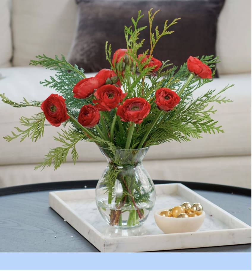  Ranunculus &amp; Evergreen Bouquet - 10 stems of Red Ranunculus and greenery.