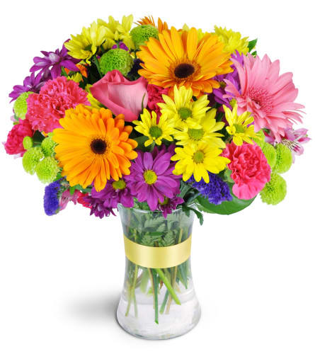 Radiant Rainbow - Multi-color Arrangement with Daisies - Bring a vibrant dose of joy to their day with this colorful and cheerful bouquet. An irresistible rainbow of colors will brighten their home and add an extra pep to their step.  Daisies, alstroemeria, carnations, and more are arranged in every shade of the rainbow.